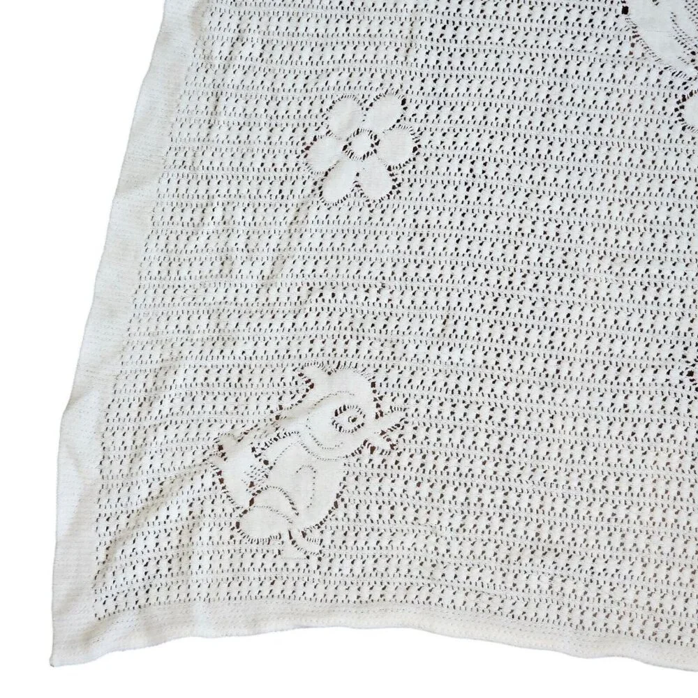 Vintage White Knit Baby Blanket Bird Flowers Open Knit‎ Yellow Bird 32 X 35